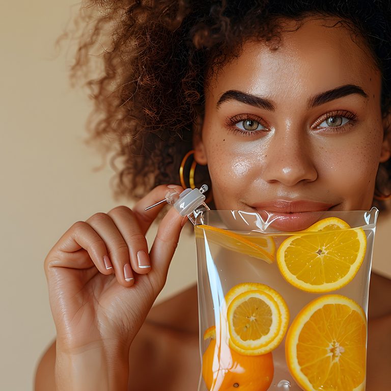 Beautiful young woman without makeup is smiling and holding an I