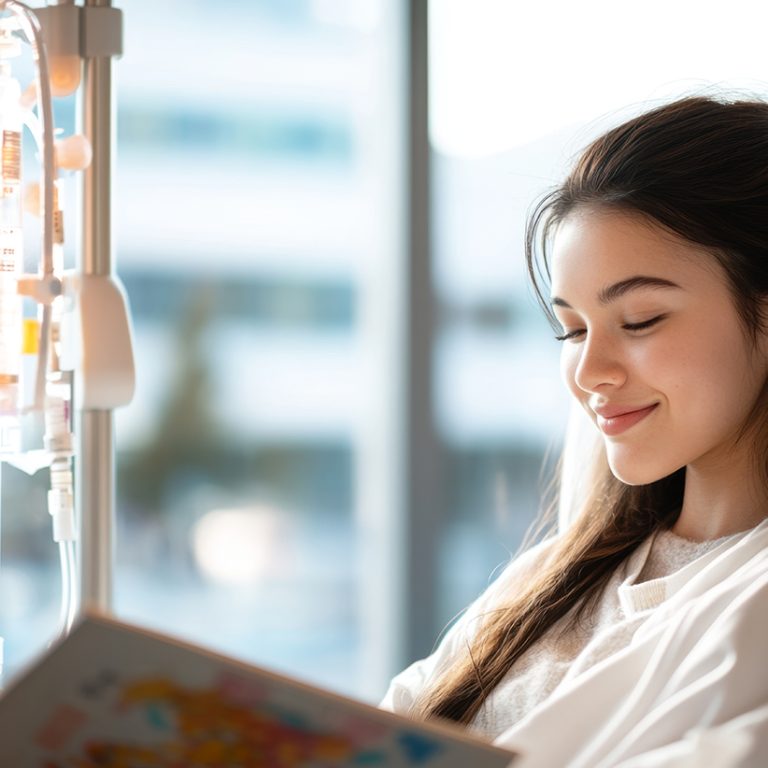 A patient receiving hydration therapy through an IV while readin