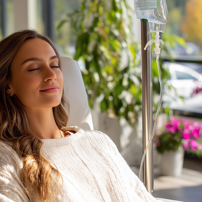 A woman sitting calmly in a wellness chair receiving a Myers Cocktail IV drip, bright natural lighting, clean peaceful wellness clinic