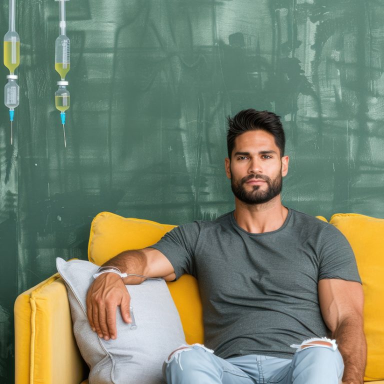 Man receiving IV therapy while relaxing on a yellow sofa